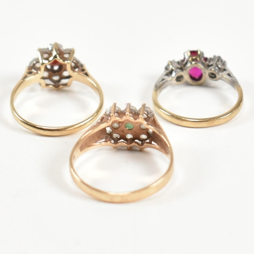 247 - Three 9ct gold and gem set rings. The rings to include a hallmarked 9ct gold, garnet and CZ cluster ... 