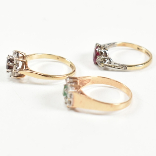 247 - Three 9ct gold and gem set rings. The rings to include a hallmarked 9ct gold, garnet and CZ cluster ... 