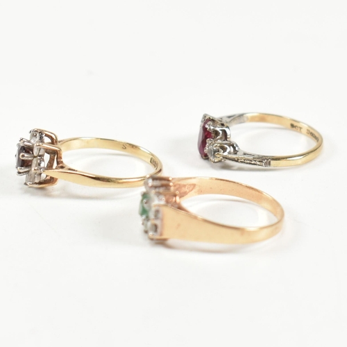 247 - Three 9ct gold and gem set rings. The rings to include a hallmarked 9ct gold, garnet and CZ cluster ... 