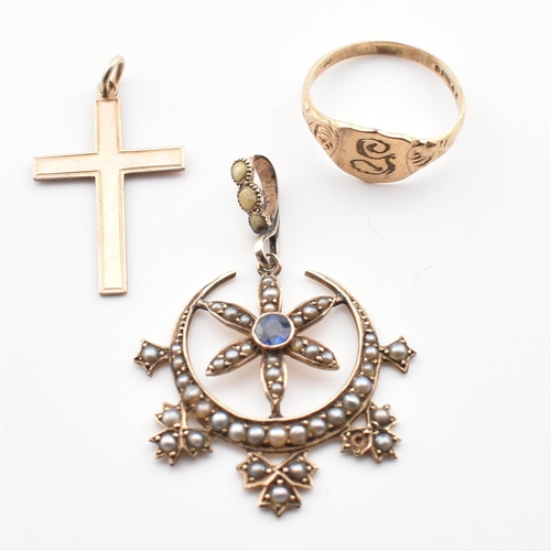 284 - A hallmarked 9ct gold signet ring and two 9ct gold necklace pendants. The lot to include a hallmarke... 