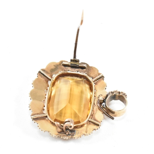 3 - A 19th century citrine and pearl pendant brooch pin. The brooch set with a rectangular mixed cut cit... 