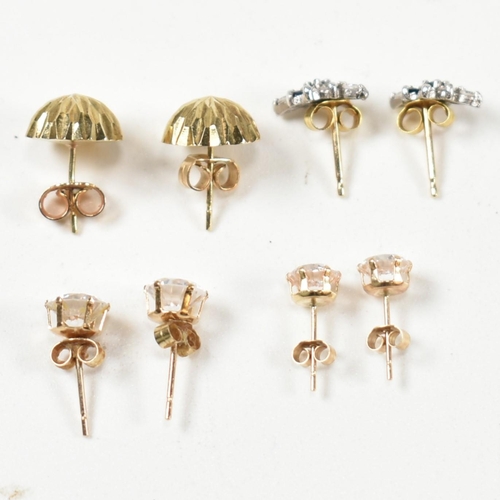 305 - Four pairs of 9ct gold and gem set stud earrings. The earrings to include a pair of 9ct gold faceted... 