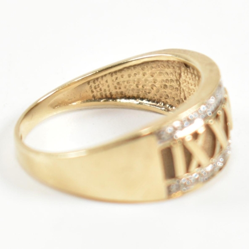 309 - A hallmarked 9ct gold and diamond Roman numeral ring. The 9ct gold ring having a central panel of Ro... 