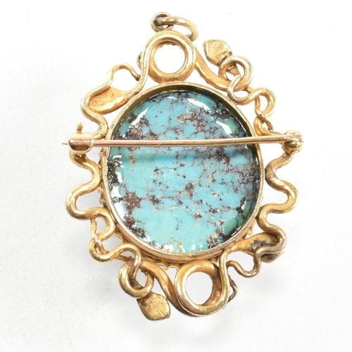 32 - An early 20th century Arts and Crafts gold and turquoise snake necklace pendant brooch. The pendant ... 