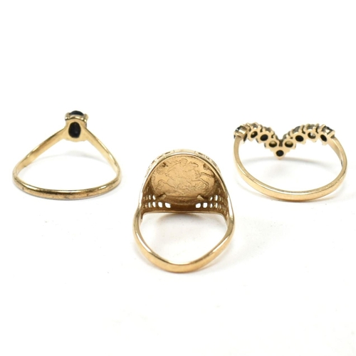 333 - A hallmarked 9ct gold St Christopher ring and two hallmarked 9ct gold and gem set rings. The lot to ... 