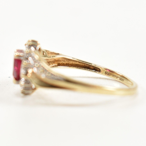 337 - A hallmarked 9ct gold, diamond and synthetic ruby cluster ring. The ring having a central heart cut ... 