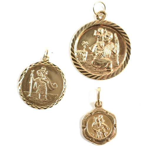 345 - Three hallmarked 9ct gold St Christopher necklace pendants. The necklace pendants to include an Ital... 