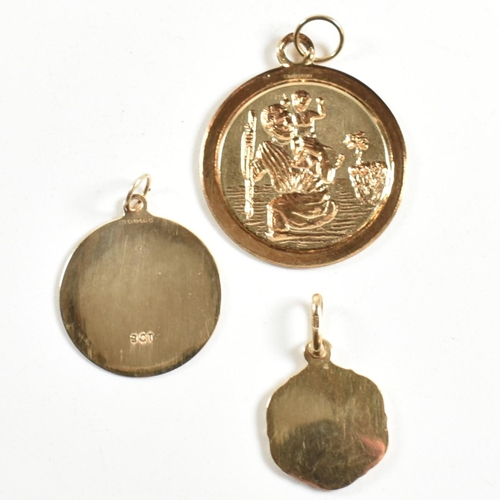 345 - Three hallmarked 9ct gold St Christopher necklace pendants. The necklace pendants to include an Ital... 