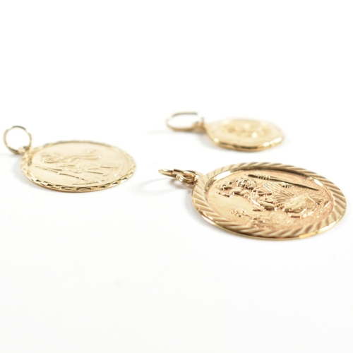 345 - Three hallmarked 9ct gold St Christopher necklace pendants. The necklace pendants to include an Ital... 