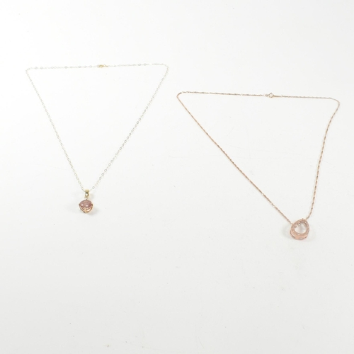 373 - A 9ct rose gold pendant necklace together with a 9ct yellow gold and gem set pendant necklace. The n... 