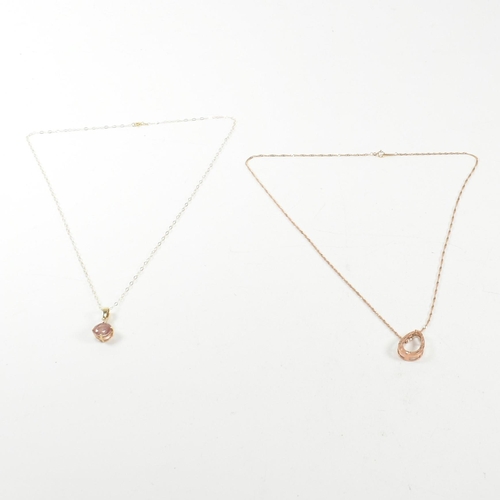 373 - A 9ct rose gold pendant necklace together with a 9ct yellow gold and gem set pendant necklace. The n... 