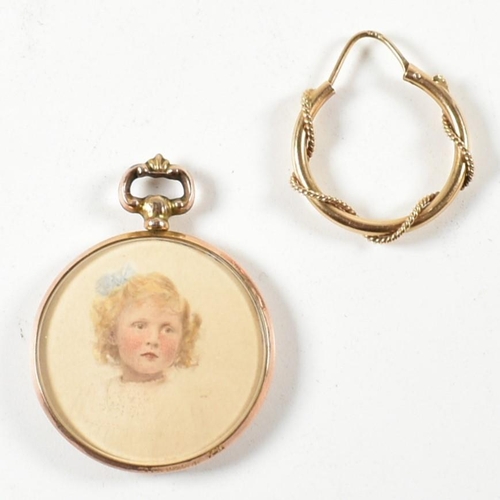 375 - A hallmarked 9ct gold double sided portrait miniature together with a single gold hoop earring. The ... 