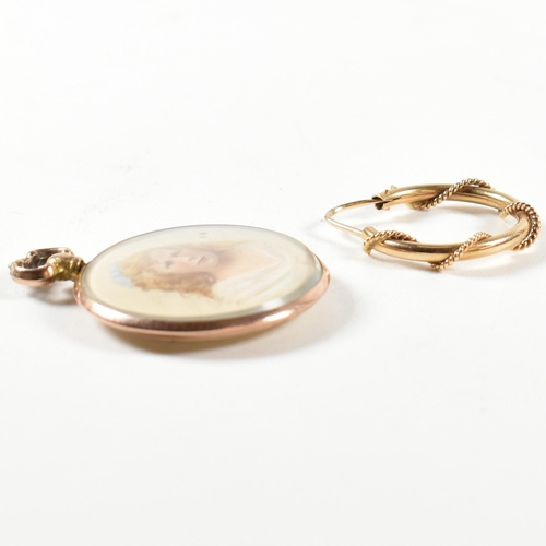 375 - A hallmarked 9ct gold double sided portrait miniature together with a single gold hoop earring. The ... 