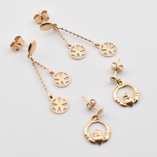 391 - Two pairs of 9ct gold pendant earrings. The earrings to include a pair of hallmarked 9ct gold Maltes... 