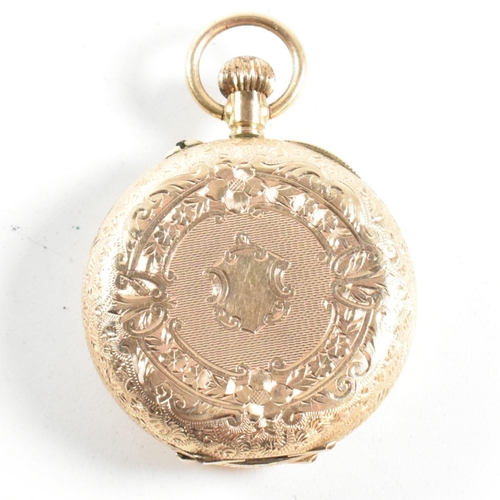 45 - A 14ct gold 19th century ladies fob watch. Engine turned dial with Roman numeral vignette chapter ri... 