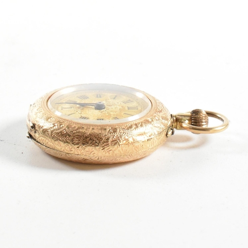 45 - A 14ct gold 19th century ladies fob watch. Engine turned dial with Roman numeral vignette chapter ri... 