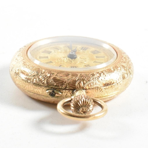 45 - A 14ct gold 19th century ladies fob watch. Engine turned dial with Roman numeral vignette chapter ri... 