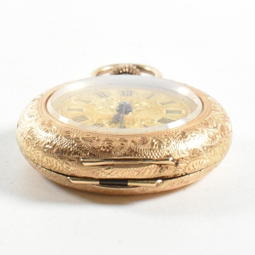 45 - A 14ct gold 19th century ladies fob watch. Engine turned dial with Roman numeral vignette chapter ri... 