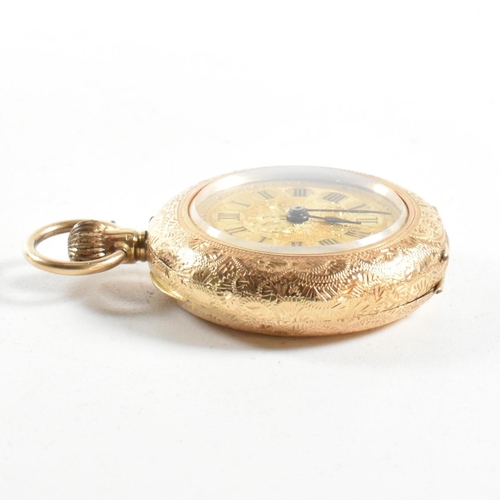 45 - A 14ct gold 19th century ladies fob watch. Engine turned dial with Roman numeral vignette chapter ri... 