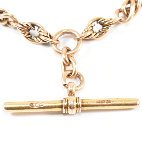 52 - Am Edwardian hallmarked 15ct gold Albert chain with T-bar. The Albert chain having a mixed link chai... 