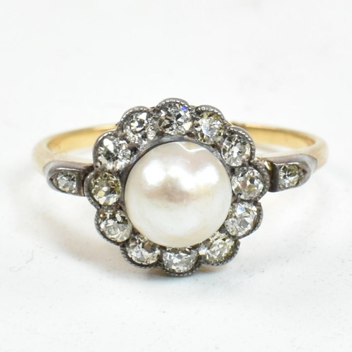 53 - An early 20th century pearl and diamond cluster ring. The ring set with a central half pearl framed ... 