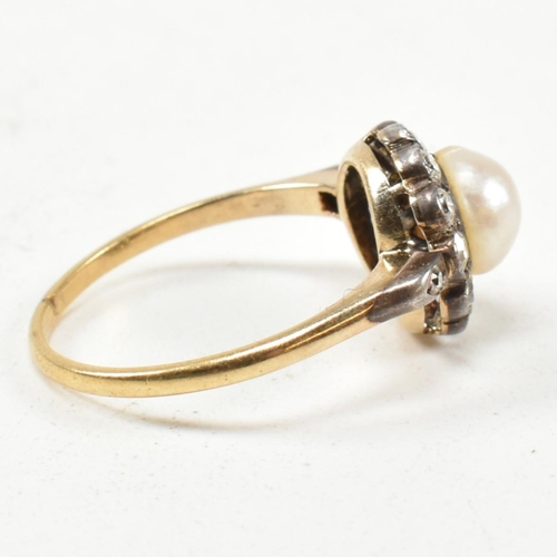 53 - An early 20th century pearl and diamond cluster ring. The ring set with a central half pearl framed ... 