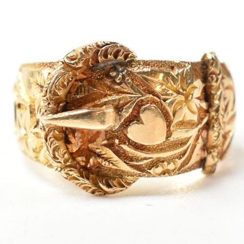 61 - An Edwardian hallmarked 18ct gold buckle ring. The 18ct gold belt buckle ring having an all-over fol... 