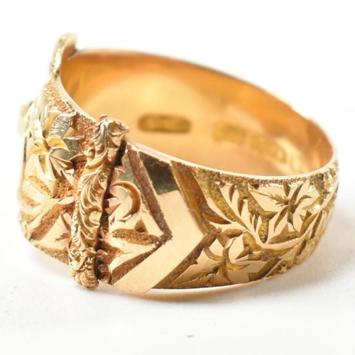 61 - An Edwardian hallmarked 18ct gold buckle ring. The 18ct gold belt buckle ring having an all-over fol... 