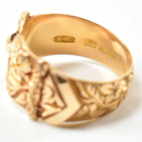 61 - An Edwardian hallmarked 18ct gold buckle ring. The 18ct gold belt buckle ring having an all-over fol... 