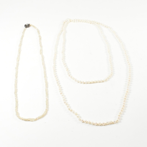 64 - Two pearl necklaces. A seed pearl necklace formed with triple twisted strings of seed pearls with pe... 