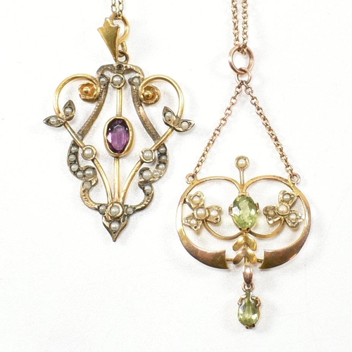 68 - Two Art Nouveau gem set pendant necklaces. The necklaces to include a 9ct gold, peridot and pearl pe... 