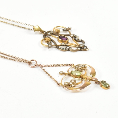 68 - Two Art Nouveau gem set pendant necklaces. The necklaces to include a 9ct gold, peridot and pearl pe... 