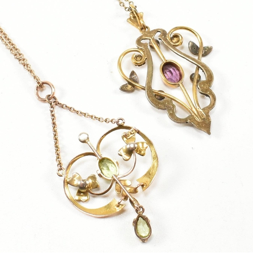 68 - Two Art Nouveau gem set pendant necklaces. The necklaces to include a 9ct gold, peridot and pearl pe... 