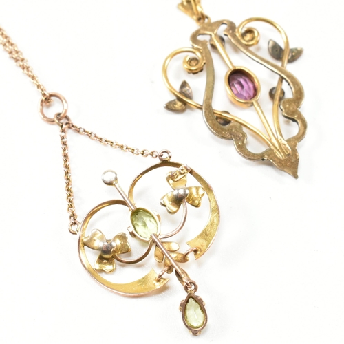 68 - Two Art Nouveau gem set pendant necklaces. The necklaces to include a 9ct gold, peridot and pearl pe... 