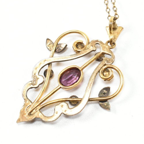 68 - Two Art Nouveau gem set pendant necklaces. The necklaces to include a 9ct gold, peridot and pearl pe... 