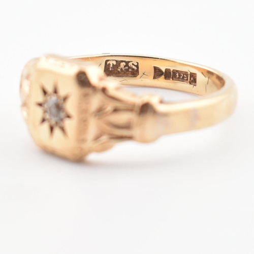 85 - A hallmarked 9ct gold and diamond signet ring. The ring having a star set old cut diamond to acanthu... 