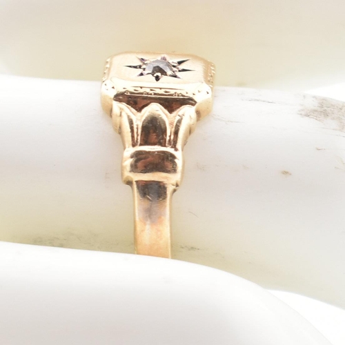 85 - A hallmarked 9ct gold and diamond signet ring. The ring having a star set old cut diamond to acanthu... 