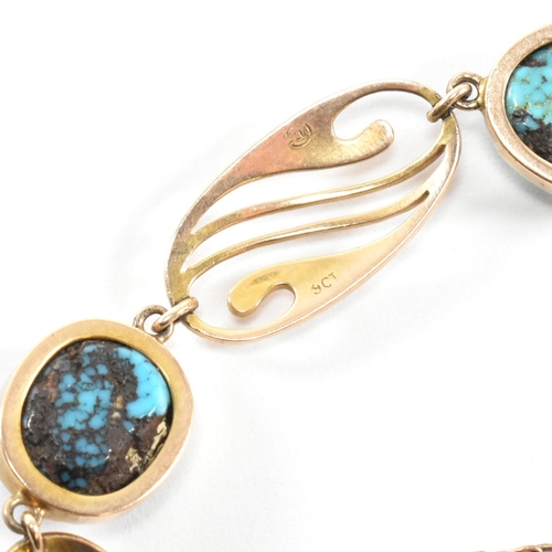 9 - An Art Nouveau 9ct gold and turquoise bracelet by Murrle, Bennett and Company. The bracelet set with... 