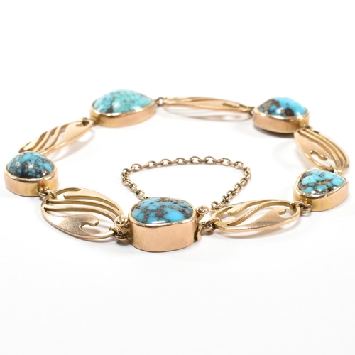 9 - An Art Nouveau 9ct gold and turquoise bracelet by Murrle, Bennett and Company. The bracelet set with... 