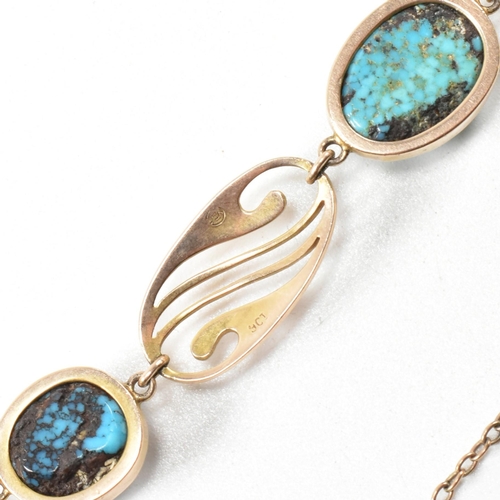 9 - An Art Nouveau 9ct gold and turquoise bracelet by Murrle, Bennett and Company. The bracelet set with... 