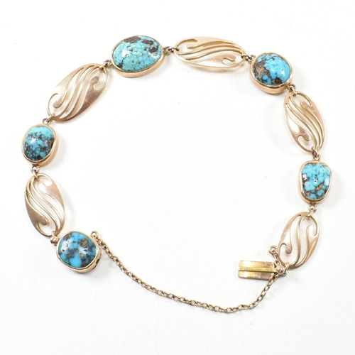 9 - An Art Nouveau 9ct gold and turquoise bracelet by Murrle, Bennett and Company. The bracelet set with... 