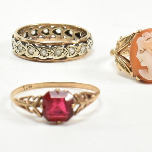 92 - A collection of 9ct gold and gem set rings. The rings to include a hallmarked 9ct gold cameo ring, h... 