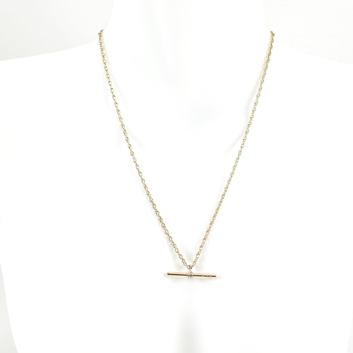 93 - A hallmarked 9ct gold T-bar necklace. The hallmarked Italian T-bar strung on a rope chain to lobster... 