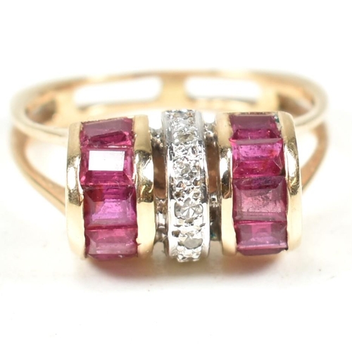 18A - A continental ruby and diamond tank ring. The ring set with a central row of round brilliant cut dia... 