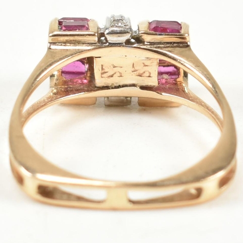 18A - A continental ruby and diamond tank ring. The ring set with a central row of round brilliant cut dia... 