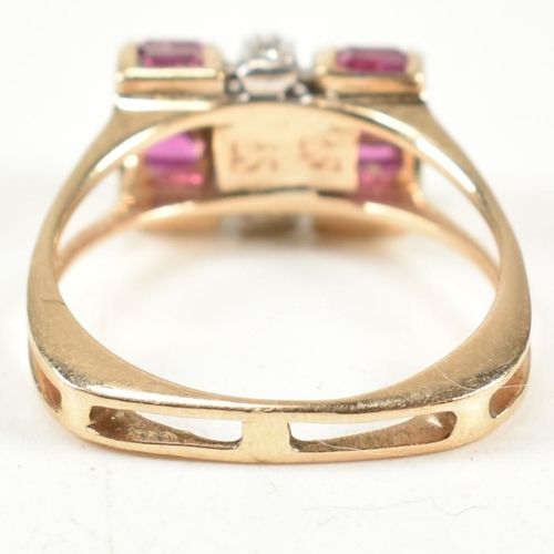 18A - A continental ruby and diamond tank ring. The ring set with a central row of round brilliant cut dia... 