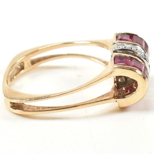 18A - A continental ruby and diamond tank ring. The ring set with a central row of round brilliant cut dia... 