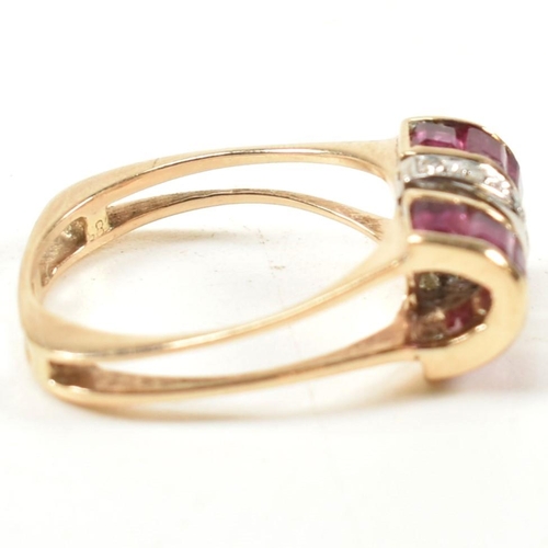 18A - A continental ruby and diamond tank ring. The ring set with a central row of round brilliant cut dia... 