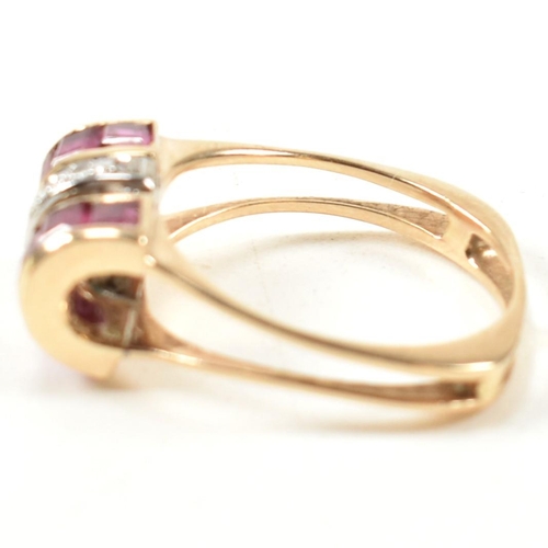 18A - A continental ruby and diamond tank ring. The ring set with a central row of round brilliant cut dia... 