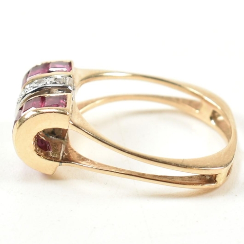 18A - A continental ruby and diamond tank ring. The ring set with a central row of round brilliant cut dia... 